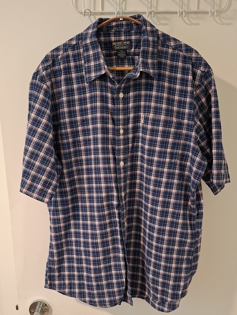 Vintage 90's Polo Jeans Co. Blue Plaid/Check Short-sleeve Button-up Shirt (US L)